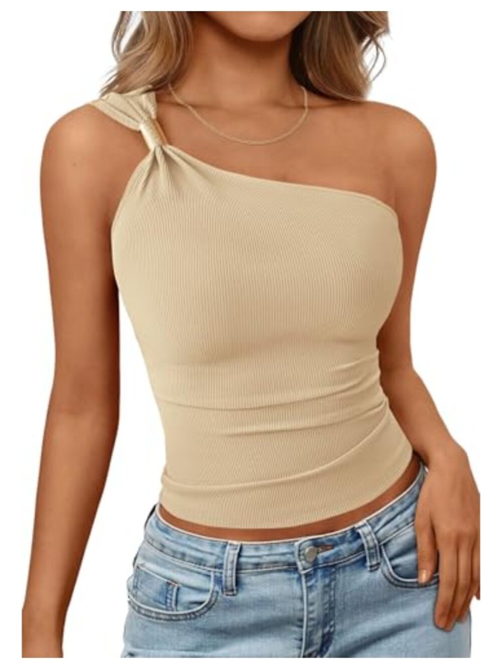 One Shoulder Sleeveless Fitted Ribbed Asymmetrical Neckline Tank Top